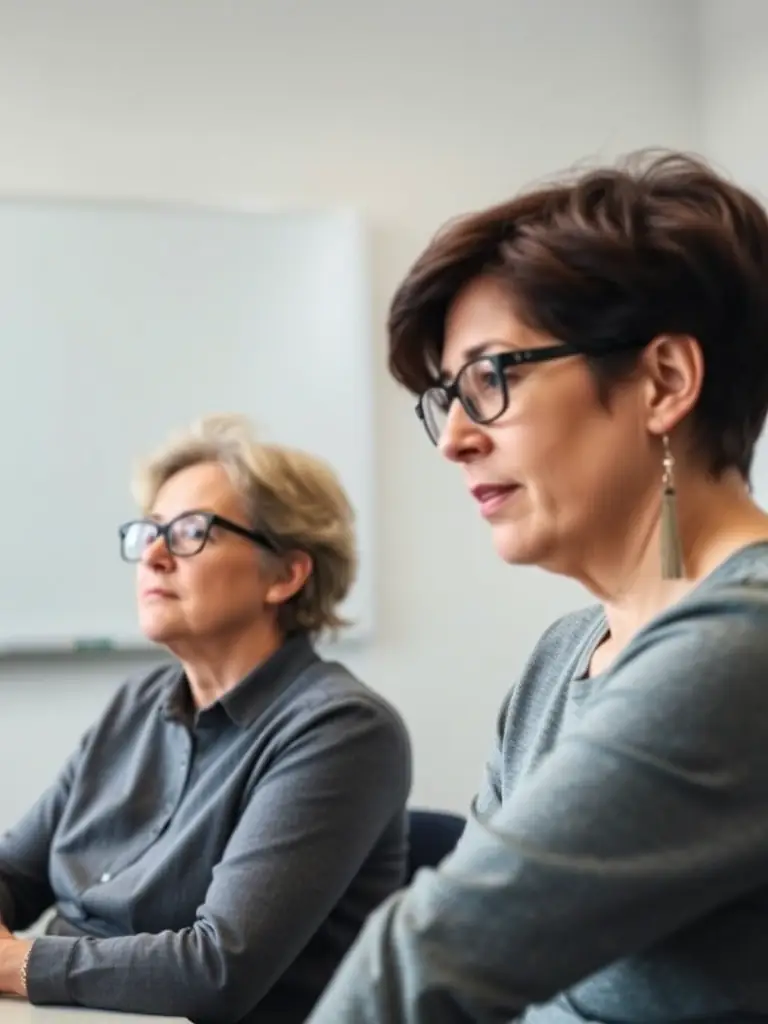 A picture of a lip-reading training session, with a close-up on the instructor's mouth and a participant focusing intently. The setting is a quiet, well-lit room.