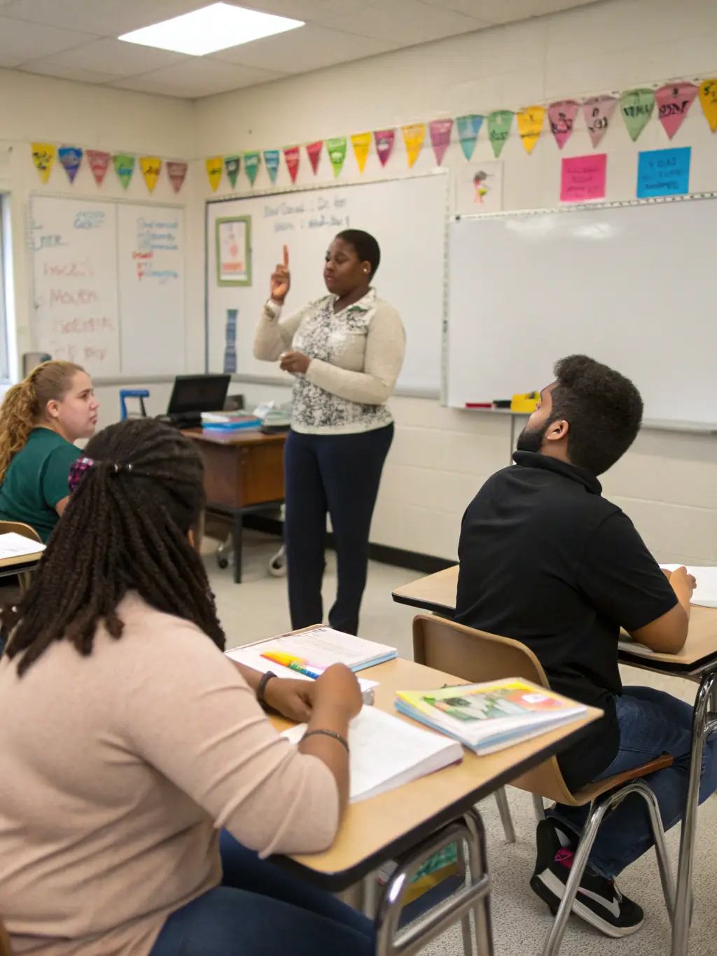 A photograph depicting a sign language workshop in progress, with an instructor demonstrating a sign and participants attentively following along. The setting is a bright, welcoming classroom.