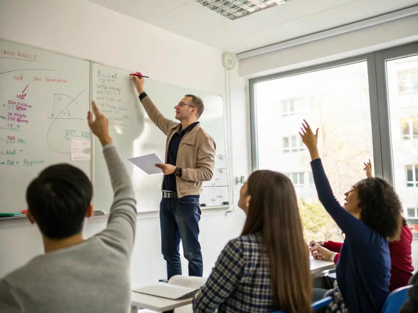 A group of participants actively engaged in a lip-reading training session, focusing intently on the instructor's mouth movements, set in a bright and welcoming classroom environment.