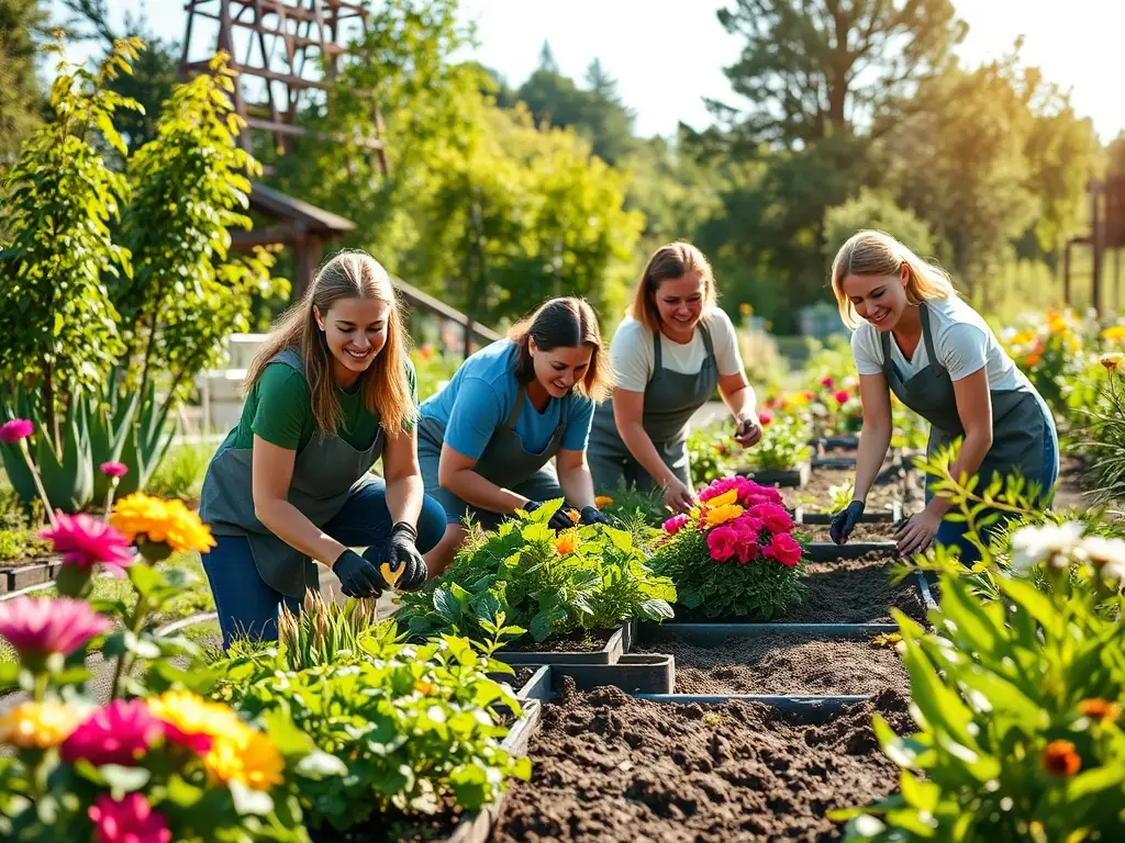 A heartwarming image of young volunteers working together on a community garden project, demonstrating collaboration and civic responsibility.