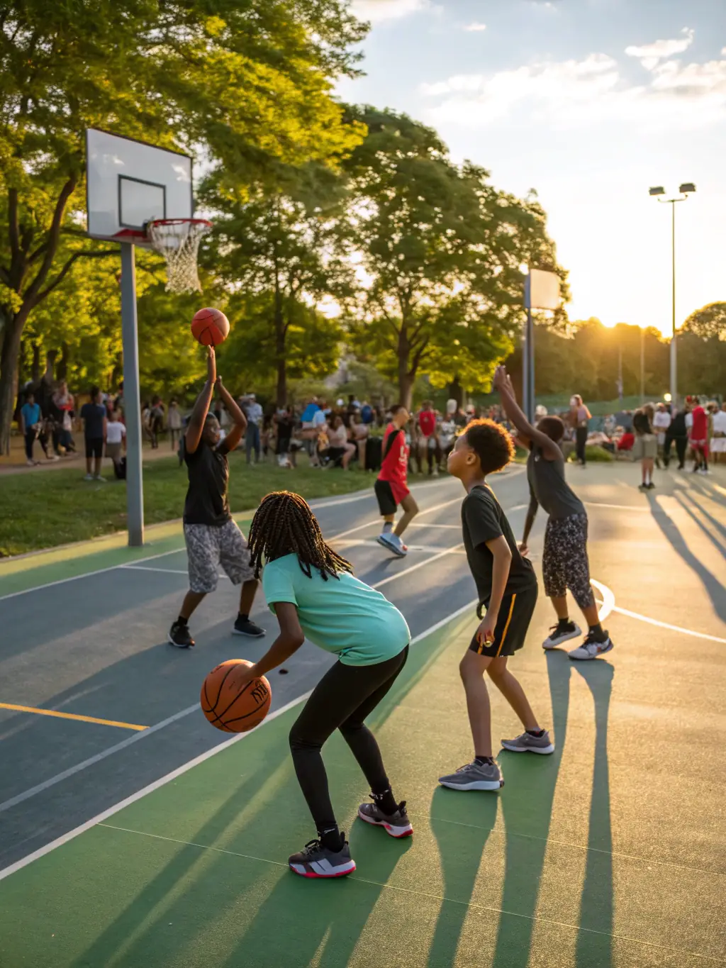A group of young people participating in a basketball game at an ASSOCIATION JEUNESSE TOULONNAISE event, showcasing teamwork and sportsmanship.