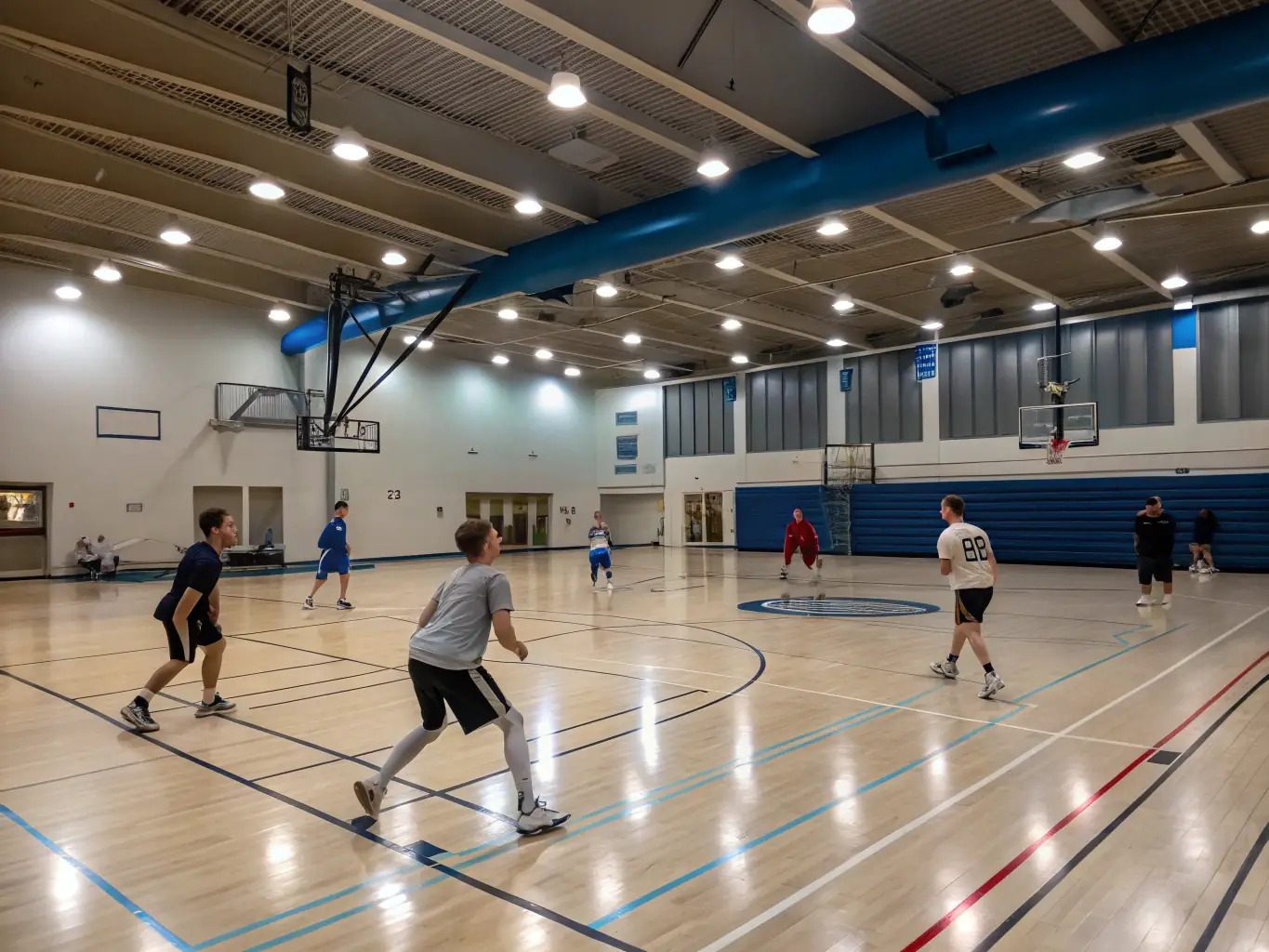 A dynamic image showcasing a group of young people participating in a basketball game at a local community center, emphasizing teamwork and active engagement.