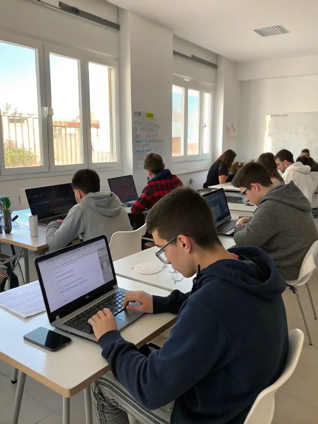 A photo of young people learning coding skills at an ASSOCIATION JEUNESSE TOULONNAISE tech camp, emphasizing technology education and future skills.