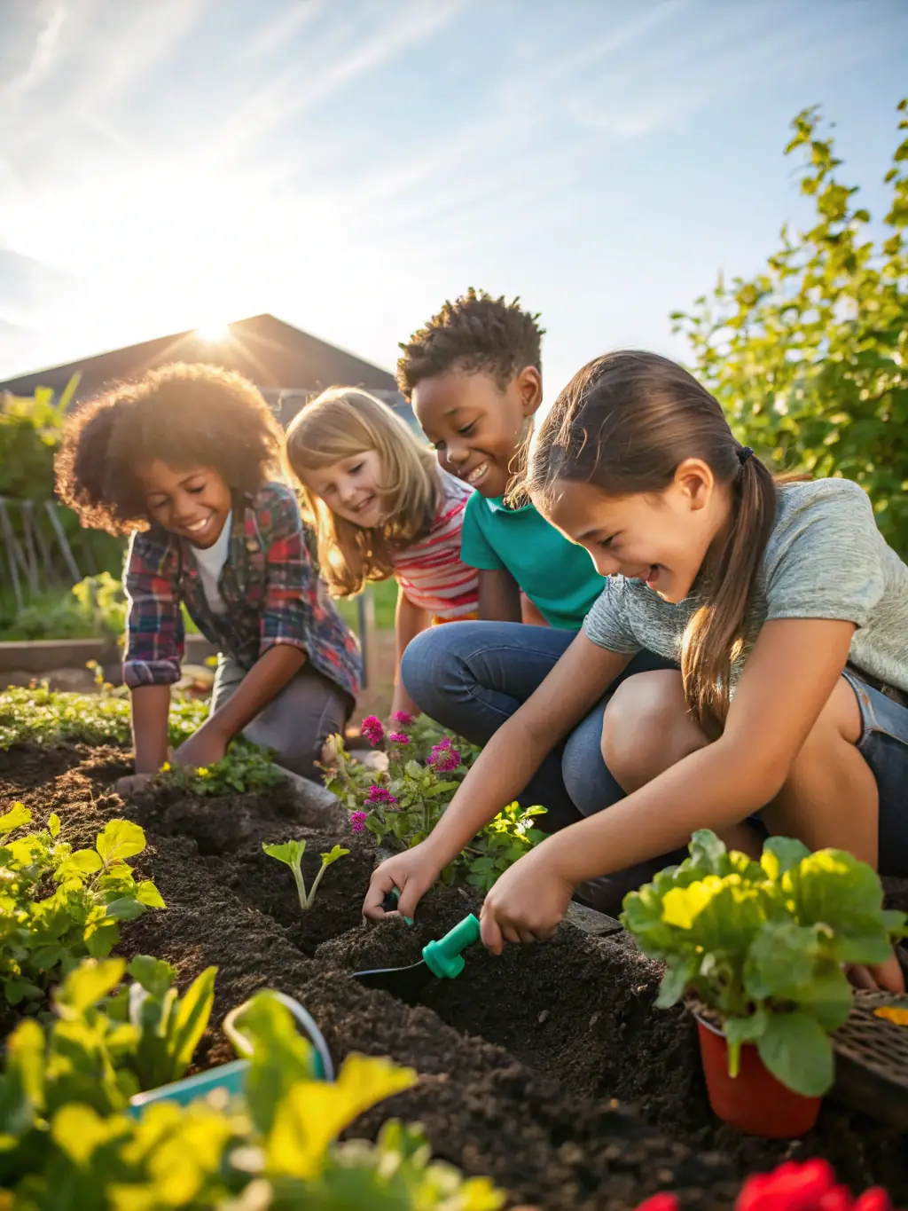A group of teenagers working together on a community garden project organized by ASSOCIATION JEUNESSE TOULONNAISE, highlighting community engagement and environmental awareness.