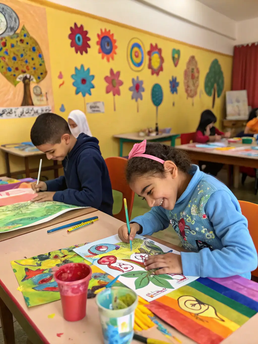 A photo of children creating art during an ASSOCIATION JEUNESSE TOULONNAISE art workshop, emphasizing creativity and self-expression.