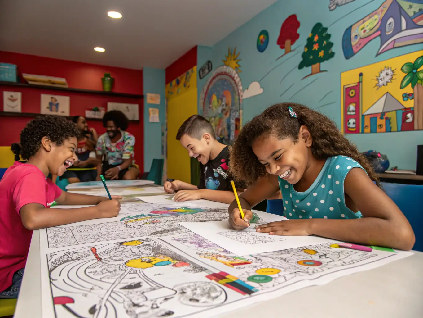 A colorful photograph of children creating artwork during an arts and crafts session, highlighting creativity and self-expression.